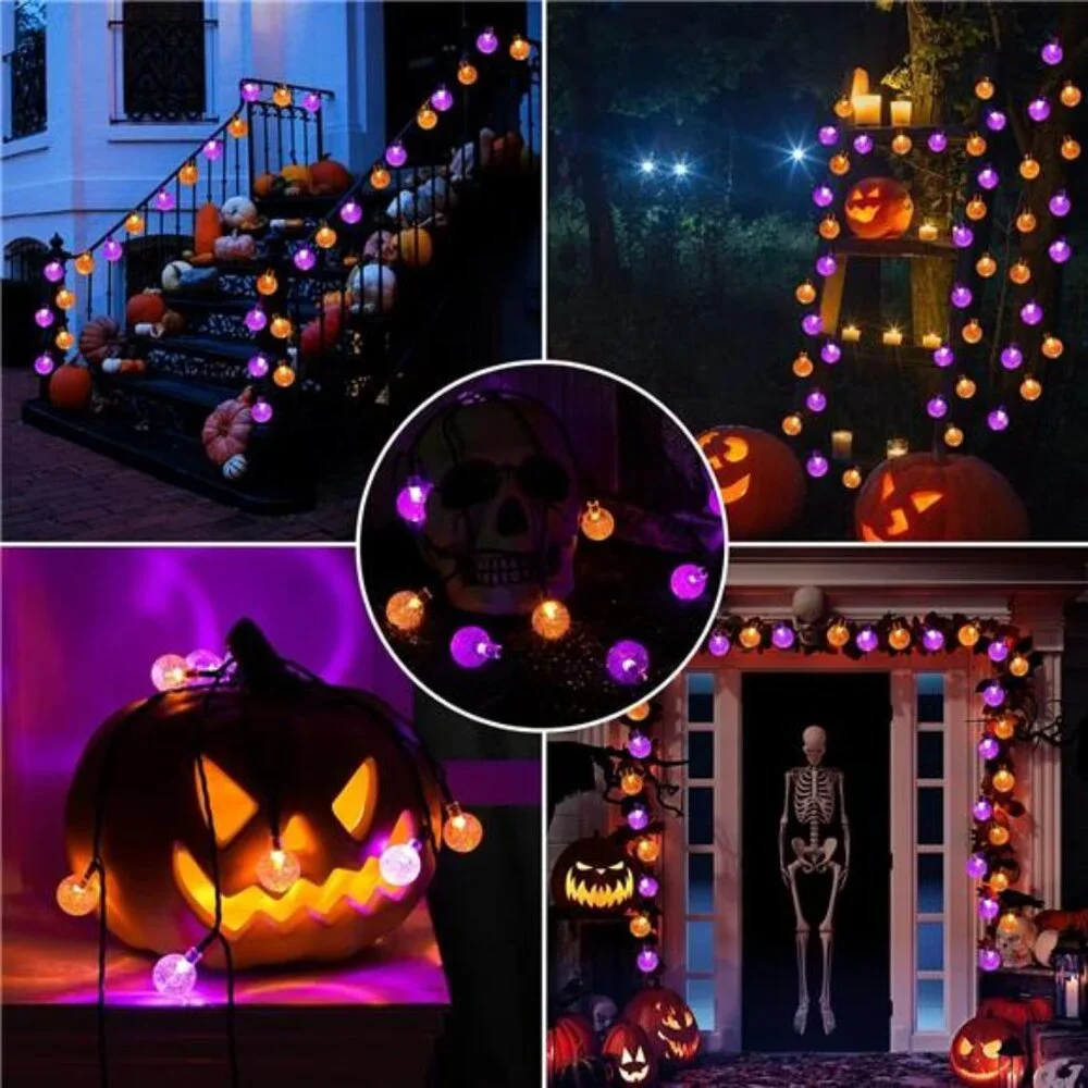 Orange Purple Solar Halloween Lights 72FT 100 LED Halloween Globe Lights 8 Modes